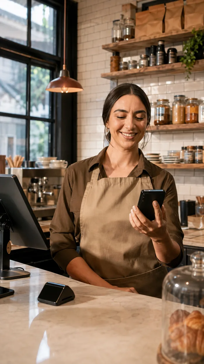 Titolare di un bar controlla le vendite dal telefono
